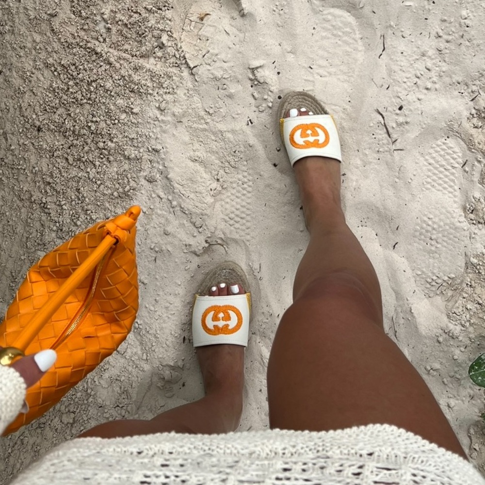 Gucci Embroidered Pilar GG Espadrille Canvas Cream and Orange Slides
